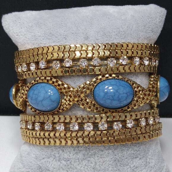 Boho Faux Turquoise Rhinestones Gold Tone Bracelet, 7 1/4 Inch, Magnetic Clasp - Picture 6 of 10